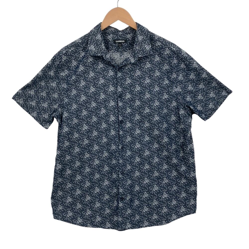 Express Short Sleeve Shirt Mens Large Blue Ditsy Floral Regular Fit Button Down